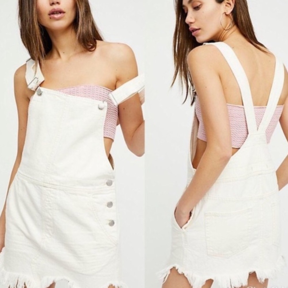 Free People Torn Up Denim Overall Dress Cream size 4 NWT